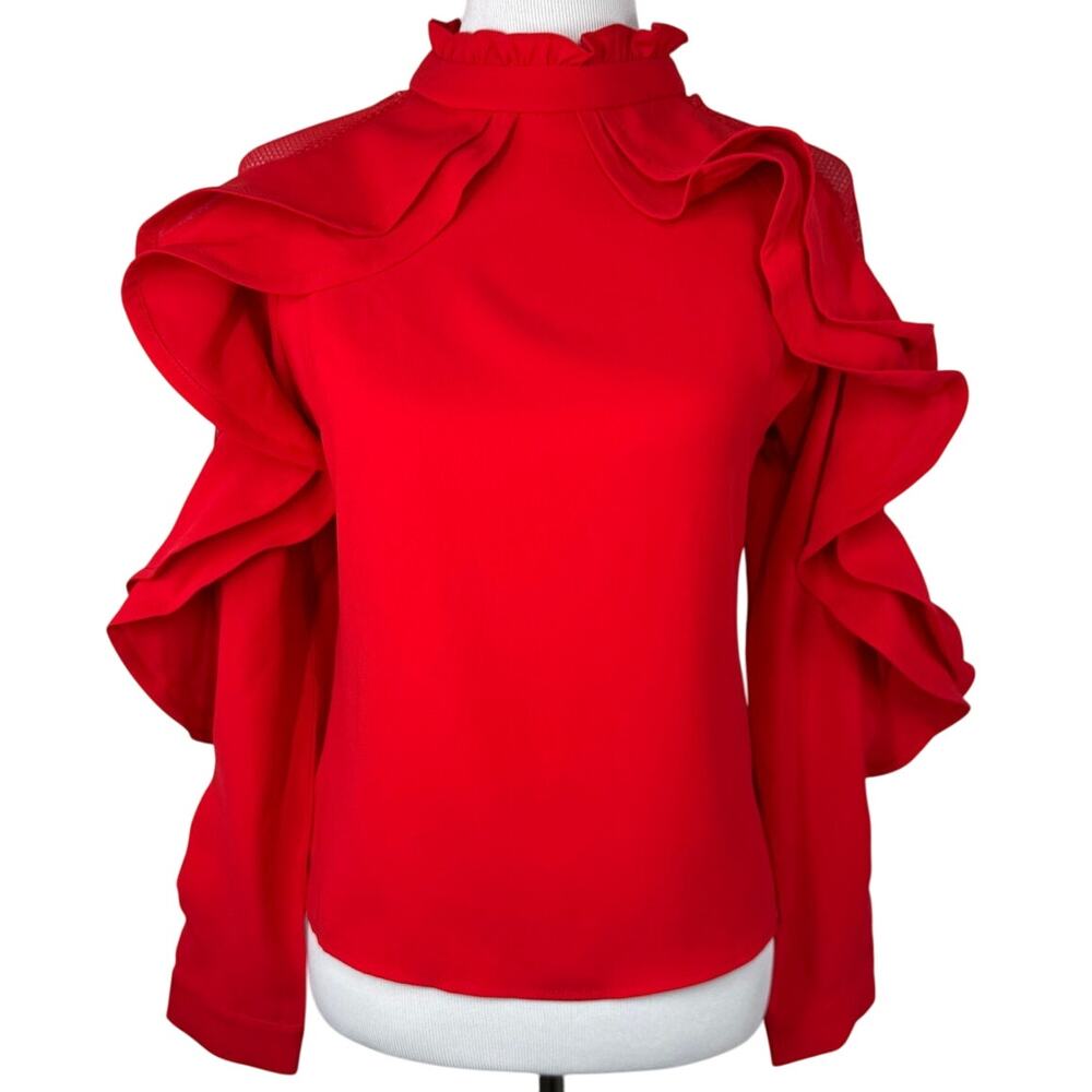 WHY Dress NWT Red Ruffled Long Sleeves, Mesh Accent Shirt, Size Small